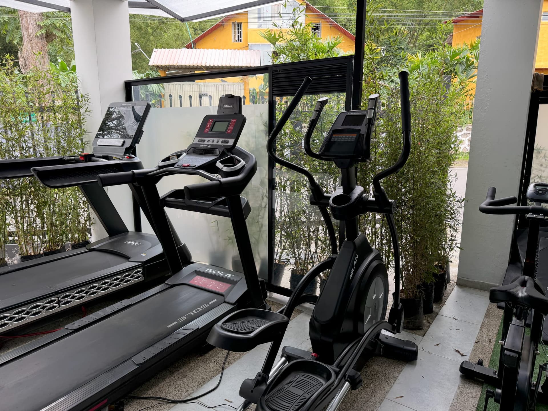Treadmills and an elliptical facing windows with bamboo outside