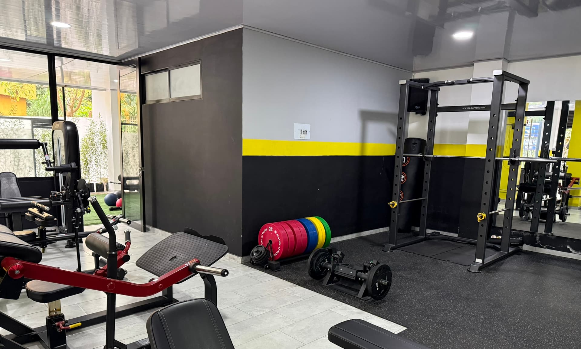 Power cage with an Olympic bar and colour-coded plates
